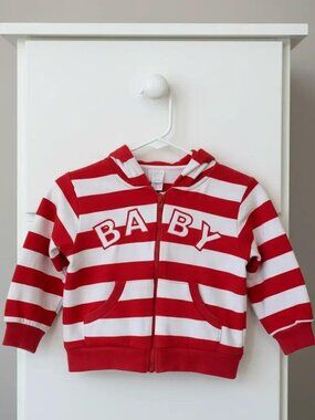 Red & White Striped "BABY" Zip-Up Cotton Hoodie 24 Months